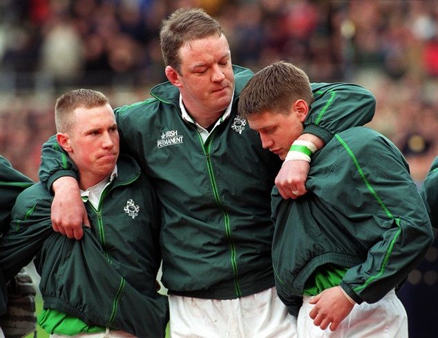 Mick Galwey and Peter Stringer and Ronan O'Gara ahead of Ireland's match with Scotland in 2000.