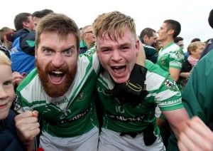 Moorefield's Frank Hannify and Adam Tyrrell give a roar after winning the Kildare football title.