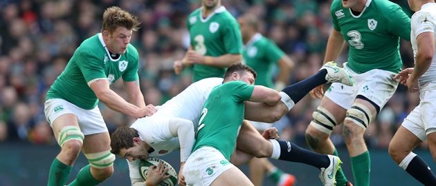 Alex Goode is tackled by Robbie Henshaw 1/3/2015