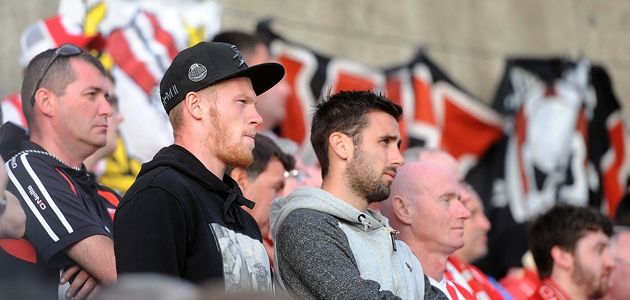 UEFA Europa League First Qualifying Round 2nd Leg, Park Avenue, Aberystwth, Wales 10/7/2014 Aberystwyth Town vs Derry City Former Derry City players James McClean and Danny Lafferty watch the game Mandatory Credit ©INPHO/Huw Evans