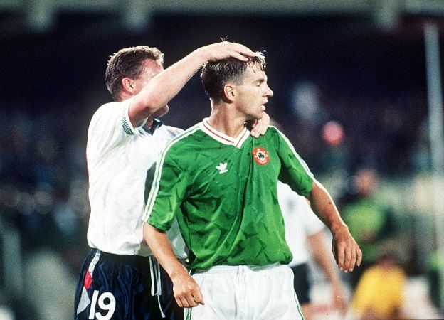 World Cup Republic of Ireland vs England 1990 Paul Gascoigne rubs Chris Morris' head Mandatory Credit ©INPHO