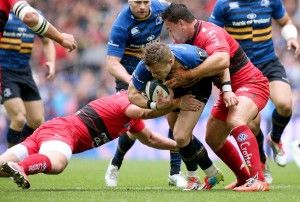 European Rugby Champions Cup Semi-Final, Stade Vlodrome, Marseille, France 19/4/2015 RC Toulon vs Leinster Toulon's Guilhem Guirado and Chris Masoe tackle Ian Madigan of Leinster Mandatory Credit ©INPHO/James Crombie
