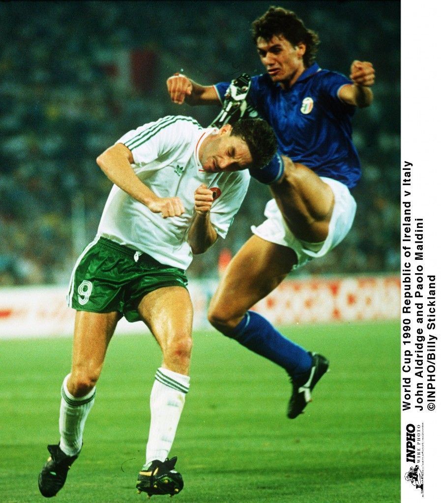 World Cup 1990 Republic of Ireland v Italy John Aldridge and Paolo Maldini ©INPHO/Billy Stickland