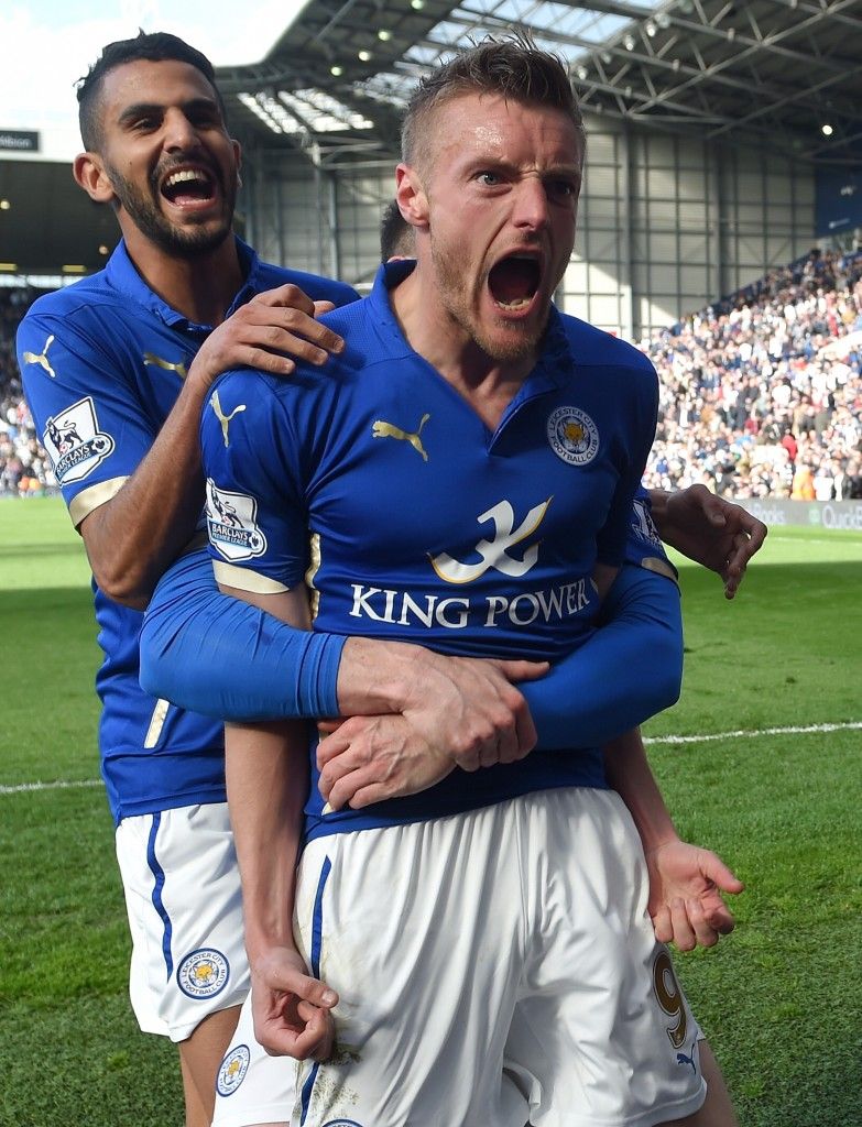 WEST BROMWICH, ENGLAND - APRIL 11: Jamie Vardy of Leicester City celebrates scoring their third goal with team mates during the Barclays Premier League match between West Bromwich Albion and Leicester City at The Hawthorns on April 11, 2015 in West Bromwich, England. (Photo by Michael Regan/Getty Images)