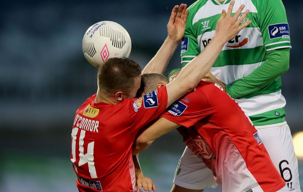 SSE Airtricity League Premier Division, Tallaght Stadium, Dublin 17/8/2015 Shamrock Rovers vs Cork City Cork's Kevin O'Connor and Karl Sheppard collide Mandatory Credit ©INPHO/Donall Farmer