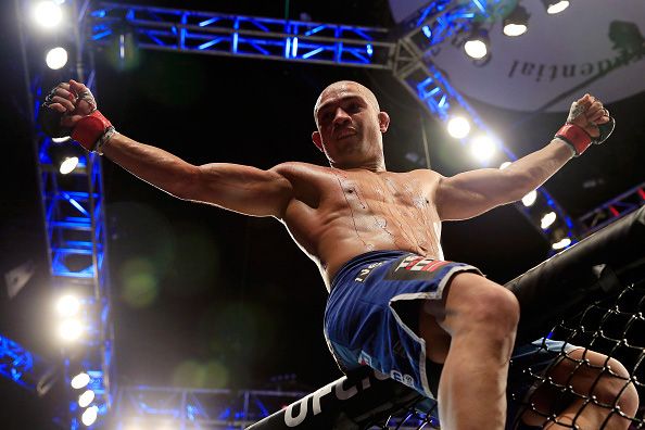 NEWARK, NJ - APRIL 18: Diego Brandao celebrates defeating Jimy Hettes by TKO in their featherweight bout during the UFC Fight Night event at Prudential Center on April 18, 2015 in Newark, New Jersey. (Photo by Alex Trautwig/Getty Images)