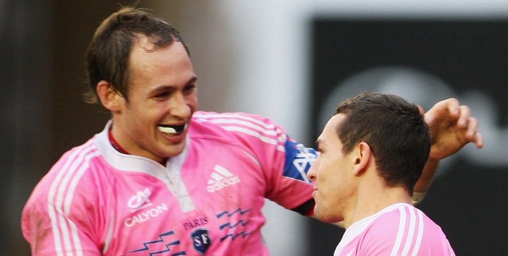 LONDON - JANUARY 20: Julien Arias (R) of Stade Francais is congratulated by teammate Sergio Parisse (L) after scoring his team's second try during the Heineken Cup pool 3 match between Harlequins and Stade Francais at the Twickenham Stoop on January 20, 2008 in London, England. (Photo by Phil Cole/Getty Images)