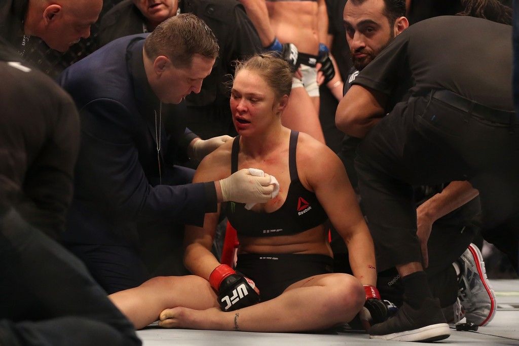 in their UFC women's bantamweight championship bout during the UFC 193 event at Etihad Stadium on November 15, 2015 in Melbourne, Australia.