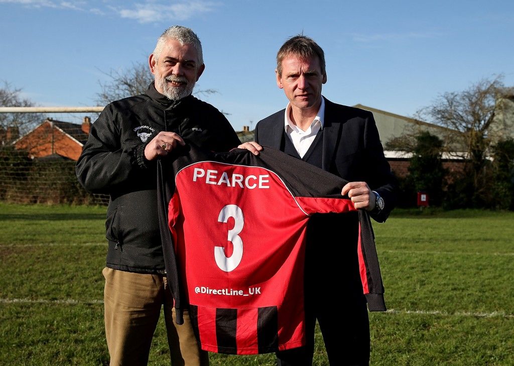 Stuart Pearce is unveiled by Longford AFC manager Nick Dawe after Direct Line stepped in to help fix the fortunes of the team dubbed the worst football club in England, as part of the insurerÕs #DirectFix campaign on January 28, 2016 in Gloucester, England. (Photo by Ben Hoskins/Getty Images for Direct Line)
