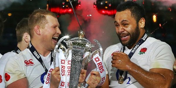 England’s Dylan Hartley with the RBS 6 Nations Trophy and Billy Vunipola 19/3/2016