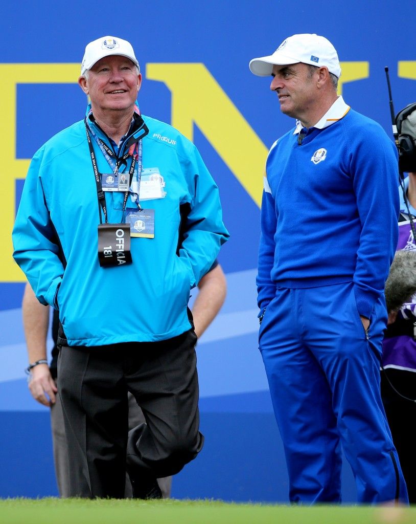 2014 Ryder Cup, PGA Centenary Course, Gleneagles, Perthshire, Scotland 28/9/2014 European captain Paul McGinley with Sir Alex Ferguson on the 1st tee Mandatory Credit ©INPHO/Cathal Noonan