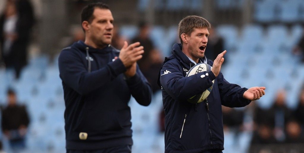 PARIS, FRANCE - DECEMBER 12:  Racing coach Ronan O' Gara (r) reacts before the European Rugby Champions Cup match between Racing Metro 92 and Northampton Saints at Stade Yves Du Manoir on December 12, 2015 in Paris, France.  (Photo by Stu Forster/Getty Images)
