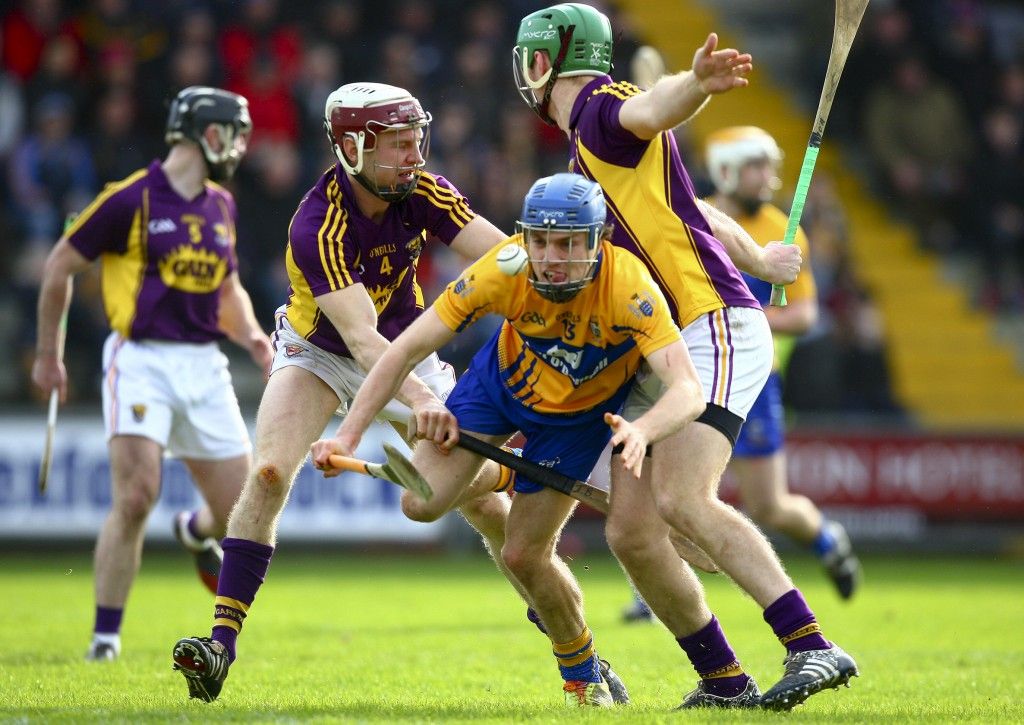 Allianz Hurling League Division 1B, Innovate Wexford Park, Wexford 21/2/2016 Wexford vs Clare Clare's Shane O'Donnell is tackled by Patrick O'Connor and Cian Dillon of Wexford Mandatory Credit ©INPHO/Ken Sutton