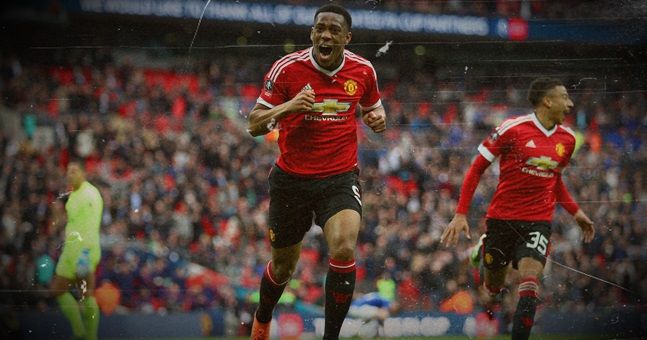 LONDON, ENGLAND - APRIL 23: Anthony Martial of Manchester United celebrates scoring his sides second goal during The Emirates FA Cup semi final match between Everton and Manchester United at Wembley Stadium on April 23, 2016 in London, England. (Photo by Paul Gilham/Getty Images)