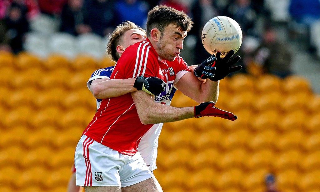 Eirgrid GAA Football All Ireland Under 21 Championship Semi-Final, O'Connor Park, Tullamore, Co.Offally 16/4/2016 Cork vs Monaghan Peter Kelleher of Cork with James Mealiff of Monaghan Mandatory Credit ©INPHO/Donall Farmer