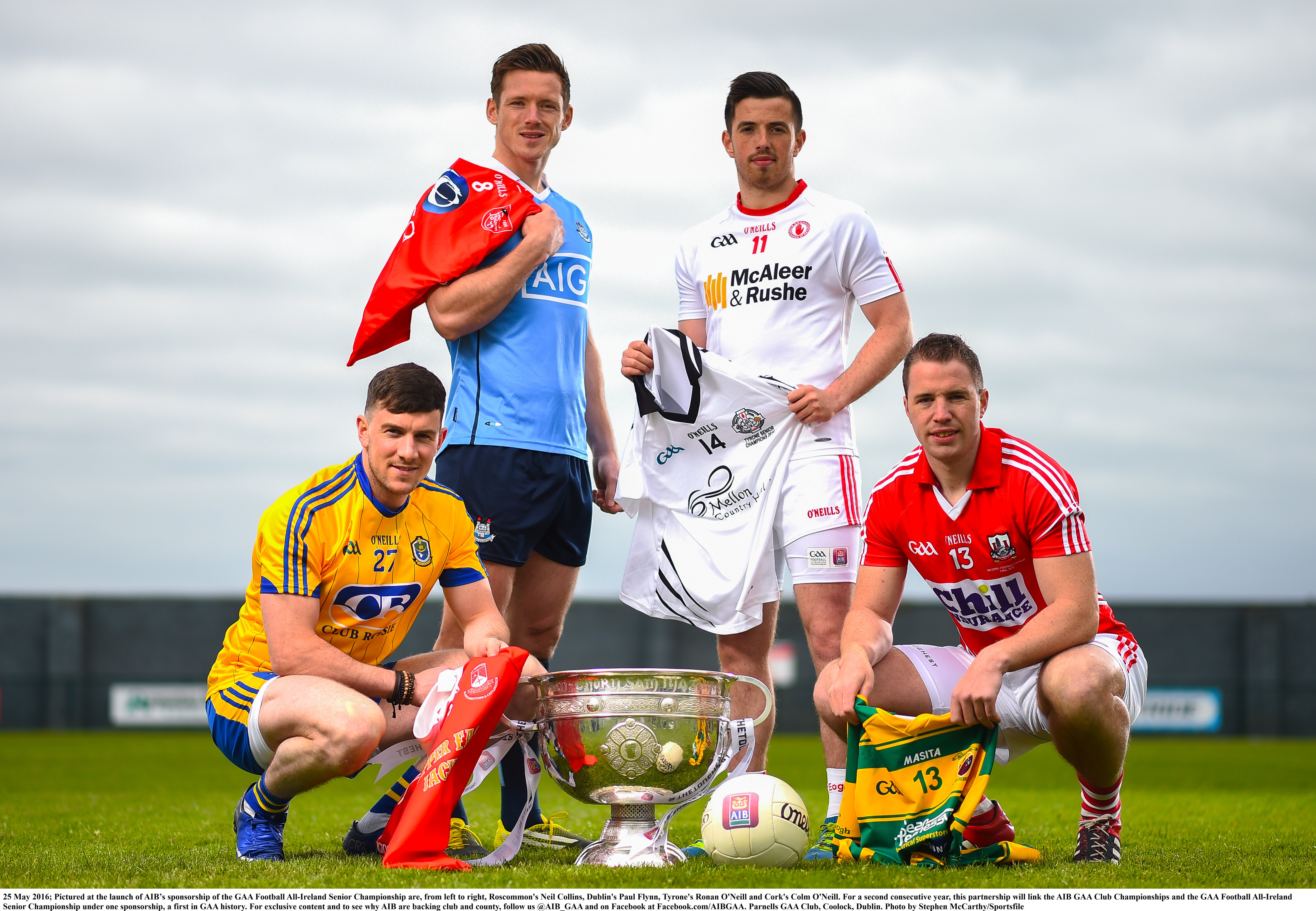 25 May 2016; Pictured at the launch of AIBs sponsorship of the GAA Football All-Ireland Senior Championship are, from left to right, Roscommon's Neil Collins, Dublin's Paul Flynn, Tyrone's Ronan O'Neill and Cork's Colm O'Neill. For a second consecutive year, this partnership will link the AIB GAA Club Championships and the GAA Football All-Ireland Senior Championship under one sponsorship, a first in GAA history. For exclusive content and to see why AIB are backing club and county, follow us @AIB_GAA and on Facebook at Facebook.com/AIBGAA. Parnells GAA Club, Coolock, Dublin. Photo by Stephen McCarthy/Sportsfile
