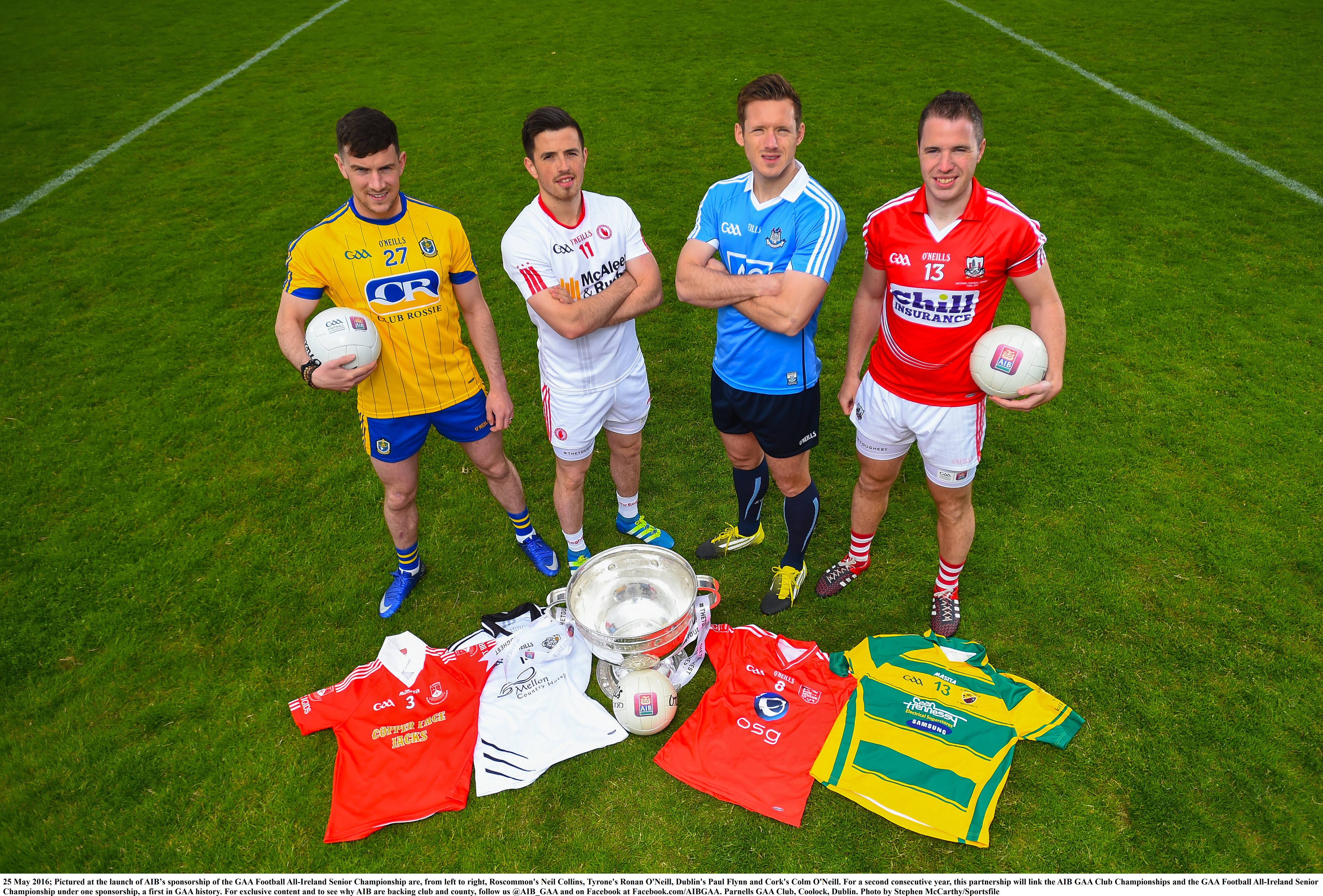 25 May 2016; Pictured at the launch of AIBs sponsorship of the GAA Football All-Ireland Senior Championship are, from left to right, Roscommon's Neil Collins, Tyrone's Ronan O'Neill, Dublin's Paul Flynn and Cork's Colm O'Neill. For a second consecutive year, this partnership will link the AIB GAA Club Championships and the GAA Football All-Ireland Senior Championship under one sponsorship, a first in GAA history. For exclusive content and to see why AIB are backing club and county, follow us @AIB_GAA and on Facebook at Facebook.com/AIBGAA. Parnells GAA Club, Coolock, Dublin. Photo by Stephen McCarthy/Sportsfile