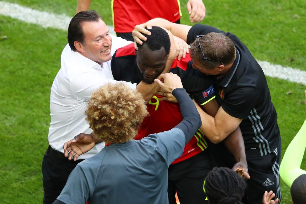 BORDEAUX, FRANCE - JUNE 18: Romelu Lukaku of Belgium celebrates scoring his team's first goal with Marc Wilmots manager of Belgium during the UEFA EURO 2016 Group E match between Belgium and Republic of Ireland at Stade Matmut Atlantique on June 18, 2016 in Bordeaux, France. (Photo by Dean Mouhtaropoulos/Getty Images)