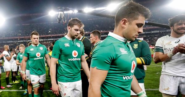 Ireland’s Quinn Roux Iain Henderson and Tiernan O’Halloran at the end of the match 18/6/2016