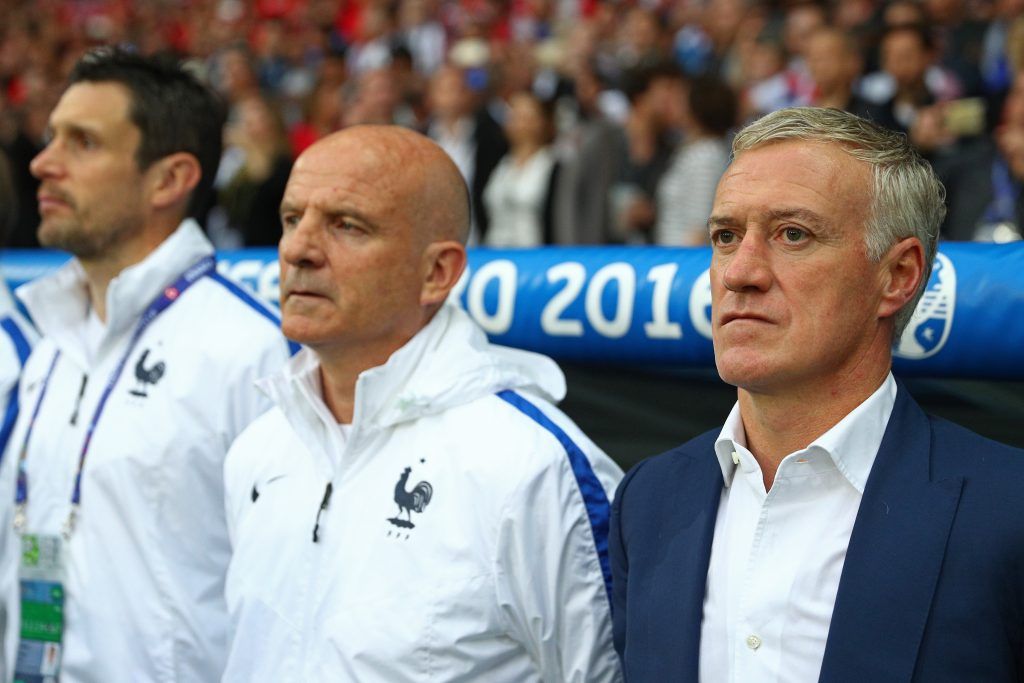 LILLE, FRANCE - JUNE 19: Didier Deschamps (R) manager of France looks on prior to the UEFA EURO 2016 Group A match between Switzerland and France at Stade Pierre-Mauroy on June 19, 2016 in Lille, France. (Photo by Clive Mason/Getty Images)