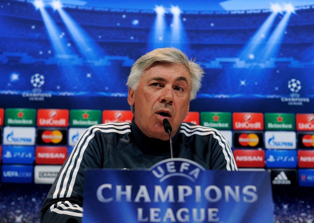 MADRID, SPAIN - MAY 12: Head coach Carlo Ancelotti of Real Madrid holds a press conference after the team training session ahead of the UEFA Champions League Semi Final, Second Leg against Juventus at Valdebebas training ground on May 12, 2015 in Madrid, Spain. (Photo by Denis Doyle/Getty Images)