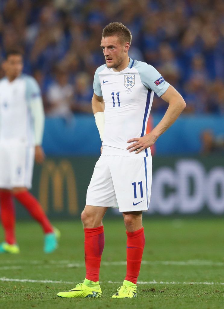NICE, FRANCE - JUNE 27: Jamie Vardy of England reacts during the UEFA EURO 2016 round of 16 match between England and Iceland at Allianz Riviera Stadium on June 27, 2016 in Nice, France. (Photo by Lars Baron/Getty Images)