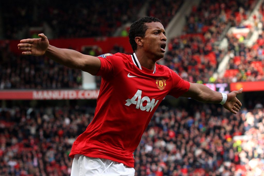 MANCHESTER, ENGLAND - APRIL 15: Nani of Manchester United celebrates scoring his team's fourth goal during the Barclays Premier League match between Manchester United and Aston Villa at Old Trafford on April 15, 2012 in Manchester, England. (Photo by Alex Livesey/Getty Images)