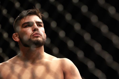 LAS VEGAS, NV - JANUARY 31: Kelvin Gastelum waits for the start of his welterweight fight against Tyron Woodley during UFC 183 at the MGM Grand Garden Arena on January 31, 2015 in Las Vegas, Nevada. Woodley won by split decision. (Photo by Steve Marcus/Getty Images)