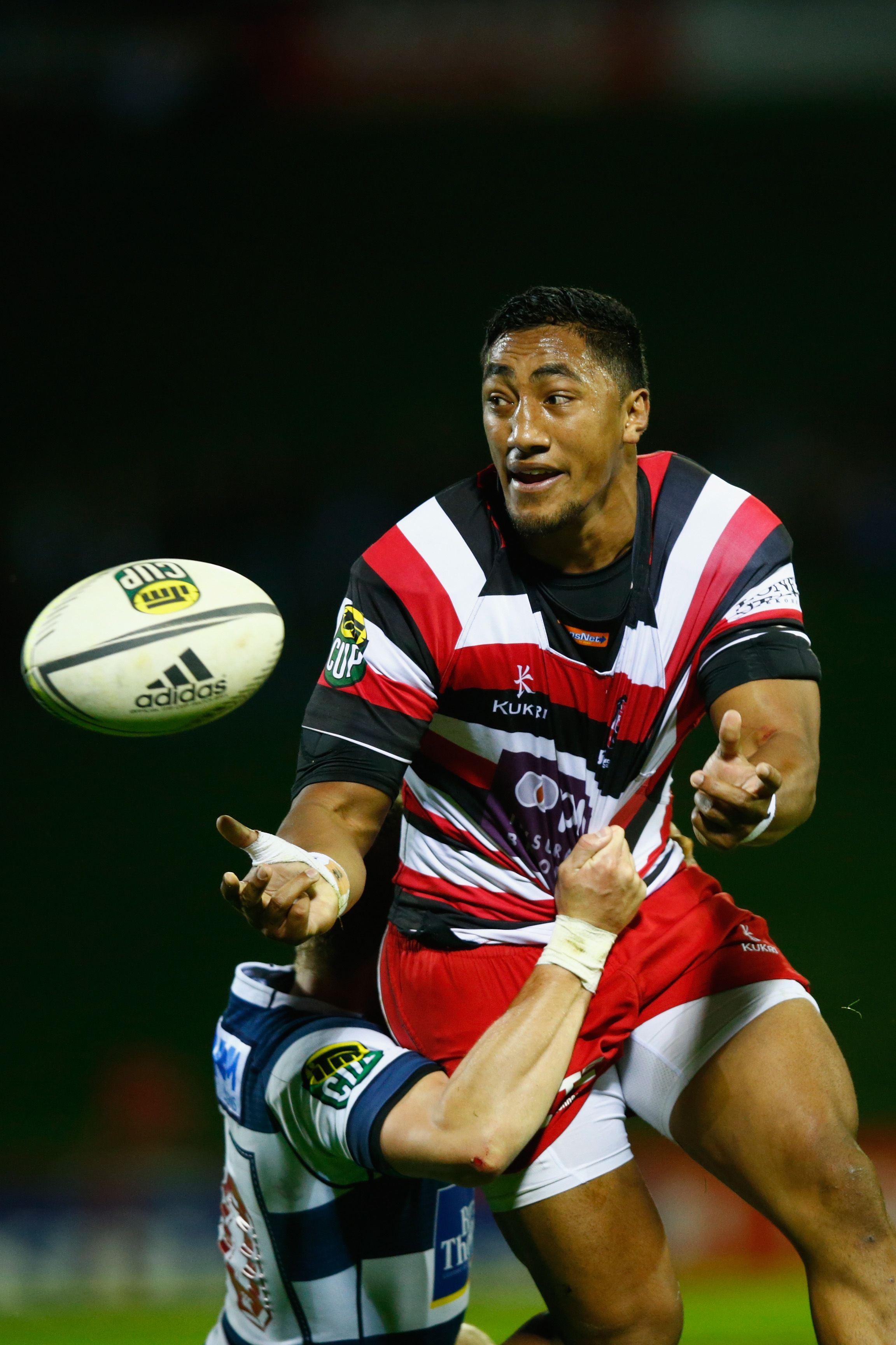 PUKEKOHE, NEW ZEALAND - OCTOBER 08: Bundee Aki of Counties is tackled by Gareth Anscombe of Auckland during the round nine ITM Cup match between Counties Manukau and Auckland at ECOLight Stadium on October 8, 2014 in Pukekohe, New Zealand. (Photo by Phil Walter/Getty Images)