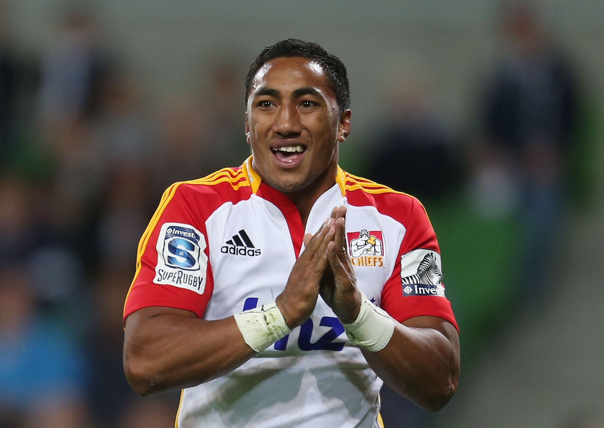 MELBOURNE, AUSTRALIA - MAY 03: Bundee Aki of the Chiefs gestures after scoring a try during the round 12 Super Rugby match between the Rebels and the Chiefs at AAMI Park on May 3, 2013 in Melbourne, Australia. (Photo by Scott Barbour/Getty Images)
