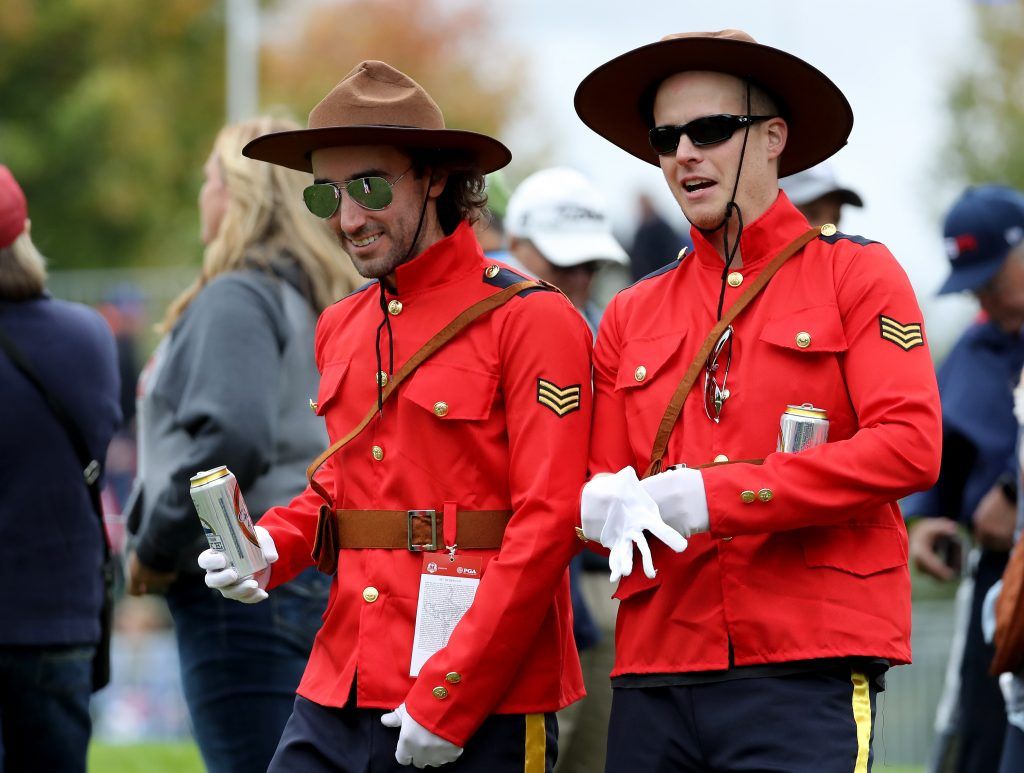 CHASKA, MN - SEPTEMBER 28: Fans dressed as mounties attend practice prior to the 2016 Ryder Cup at Hazeltine National Golf Club on September 28, 2016 in Chaska, Minnesota. (Photo by David Cannon/Getty Images)