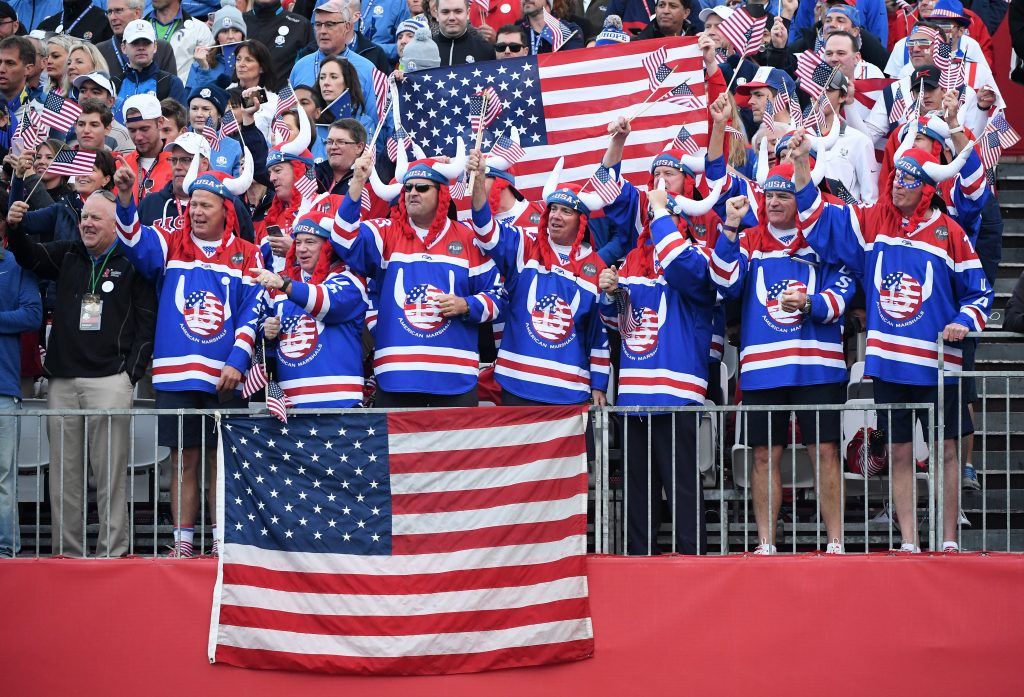 CHASKA, MN - SEPTEMBER 30: United States fans cheer at the first tee during morning foursome matches of the 2016 Ryder Cup at Hazeltine National Golf Club on September 30, 2016 in Chaska, Minnesota. (Photo by Ross Kinnaird/Getty Images)