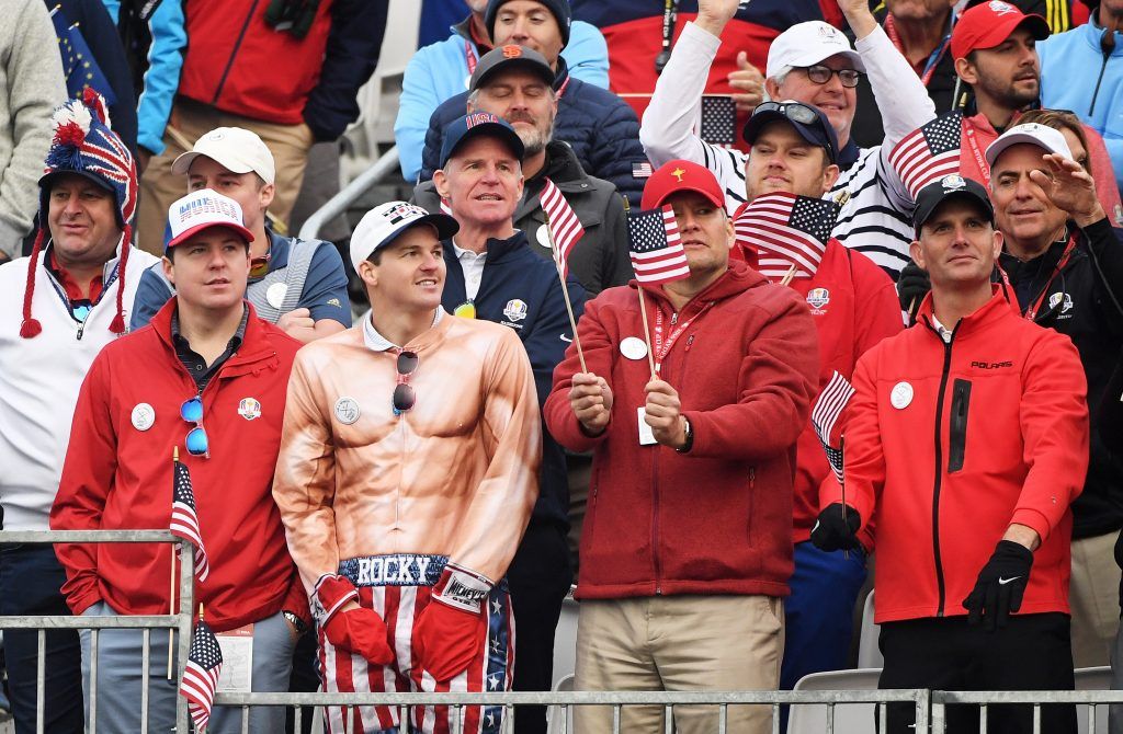 CHASKA, MN - SEPTEMBER 30: Fans look on from the first hole during morning foursome matches of the 2016 Ryder Cup at Hazeltine National Golf Club on September 30, 2016 in Chaska, Minnesota. (Photo by Ross Kinnaird/Getty Images)