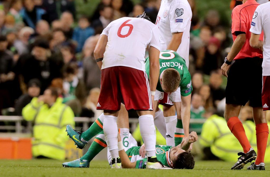 Ireland's Shane Long lies injured 6/10/2016