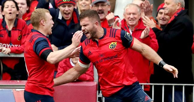Jaco Taute celebrates scoring a try with Keith Earls 22/10/2016