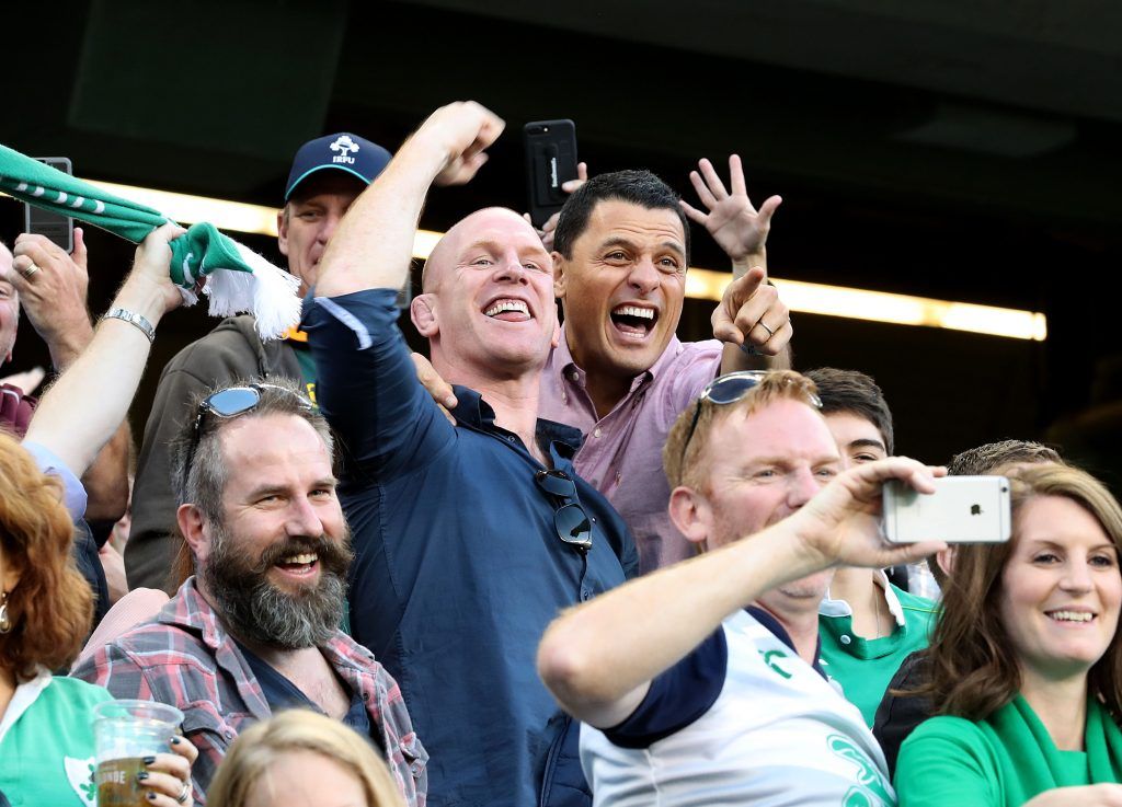 The AIG Rugby Weekend, Solider Field, Chicago, USA 5/11/2016 Ireland vs New Zealand All Blacks Former Ireland captain Paul O'Connell celebrates with former New Zealand player Doug Howlett Mandatory Credit ©INPHO/Dan Sheridan