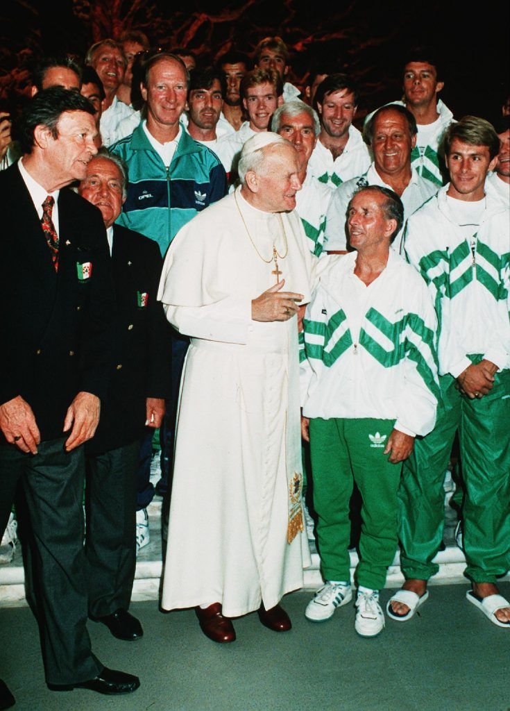 World Cup The Irish team meet Pope John Paul II 1990 Ireland team kit man Charlie O'Leary meets Pope John Paul II with Fran Fields on the left Mandatory Credit ©INPHO