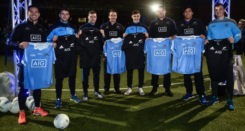 14 November 2016; To help launch the AIG Insurance new discounts for drivers and their spouse/partners, the AIG Skills Challenge brought together the All Ireland Gaelic Football Champions Dublin and the Rugby World Champions the New Zealand All Blacks for a head to head sporting clash in Castleknock College. Pictured are, from left, Ryan Crotty, Bernard Brogan, Paddy Andrews, Ben Smith, Eoghan O'Donnell, Liam Squire, Reiko Ioane and Liam Rushe. Castleknock College, Dublin. Photo by Brendan Moran/Sportsfile *** NO REPRODUCTION FEE ***