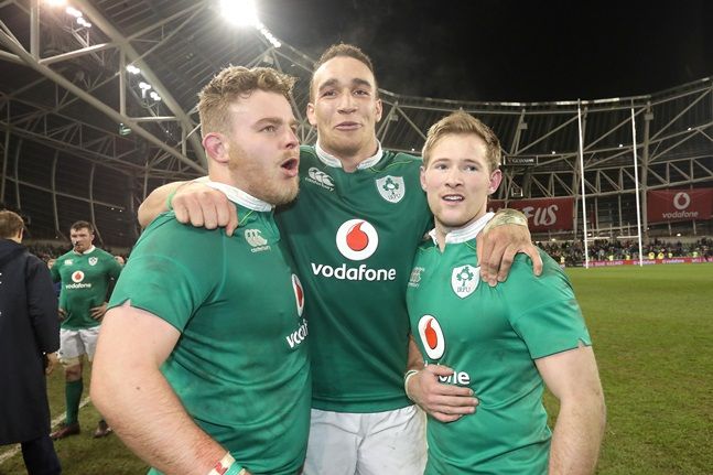 Finlay Bealham, Ultan Dillane and Kieran Marmion celebrate after the game 26/11/2016