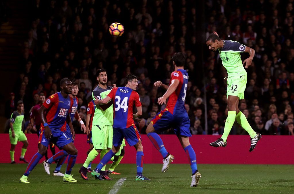 LONDON, ENGLAND - OCTOBER 29: Joel Matip of Liverpool heads to score his team's third goal during the Premier League match between Crystal Palace and Liverpool at Selhurst Park on October 29, 2016 in London, England. (Photo by Christopher Lee/Getty Images)