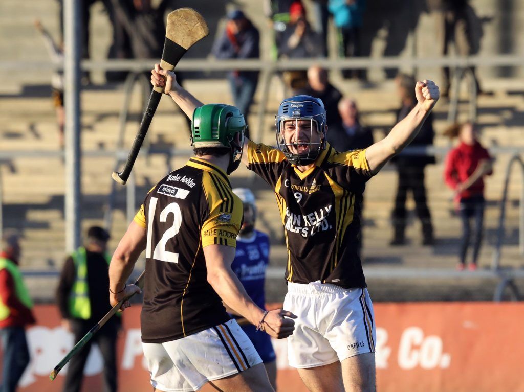 AIB Munster Senior Club Hurling Championship Semi-Final, Cusack Park, Ennis, Clare 6/11/2016 Ballyea vs Thurles Sarsfields Ballyea's Cathal Doohan and Stan Lineen celebrate at the final whistle Mandatory Credit ©INPHO/Lorraine O'Sullivan